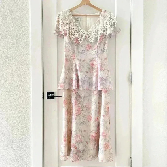 Vintage 90's Y2K Scott McClintock Floral Chiffon Tier Peplum Dress Size 8 - Picture 4 of 11